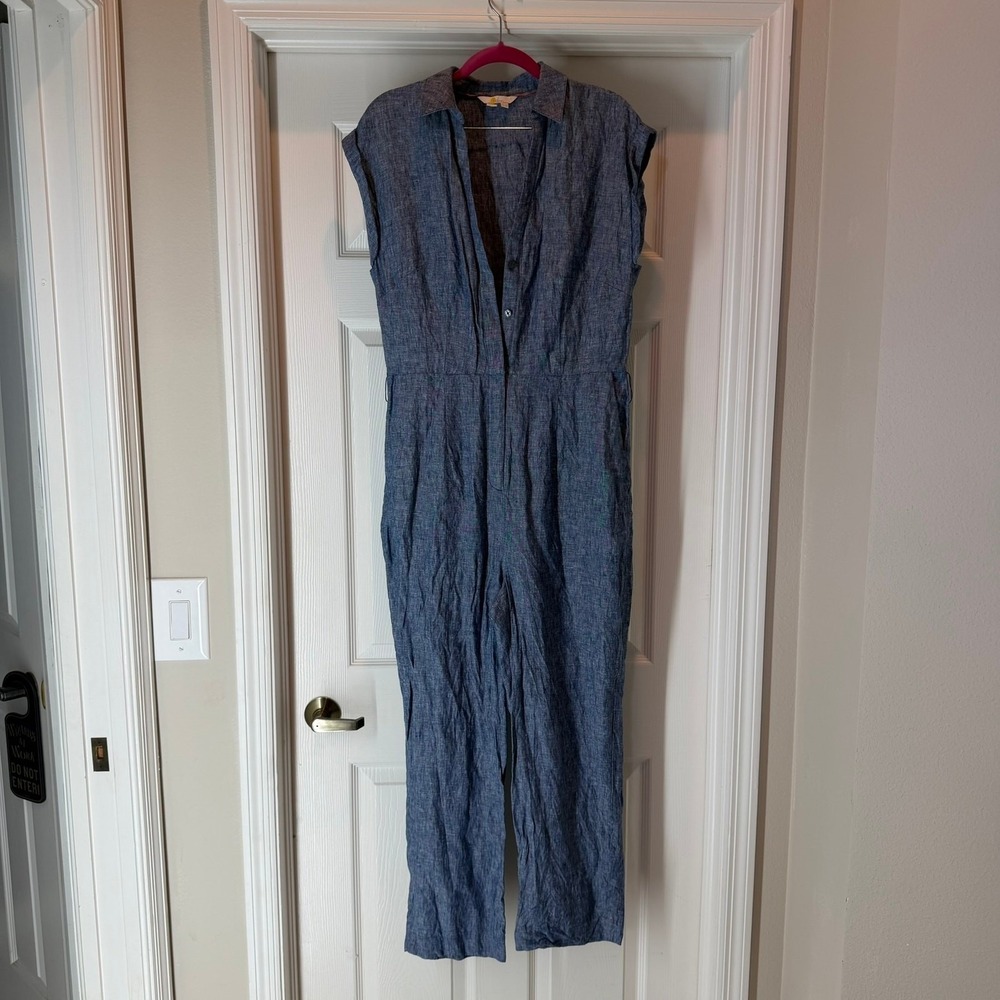 Boden Jumpsuit Women's 8 Tall Catriona Linen Blue Chambray Tie Belt Missing - Picture 3 of 15